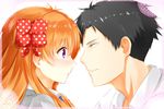  1girl black_hair bow eye_contact eyebrows_visible_through_hair gekkan_shoujo_nozaki-kun hair_between_eyes hair_bow isshiki_(ffmania7) long_hair looking_at_another nozaki_umetarou orange_hair parted_lips polka_dot polka_dot_bow portrait purple_eyes red_bow sakura_chiyo shirt simple_background white_background white_shirt 