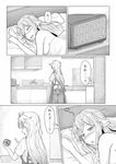  absurdres apron bed clock comic cooking digital_clock greyscale hair_flaps harusame_(kantai_collection) highres kantai_collection knife monochrome multiple_girls noyomidx pants remodel_(kantai_collection) shaded_face translated waking_up yuudachi_(kantai_collection) 