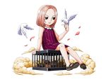  arm_support bird bird_on_hand bodskih brown_eyes bug dress full_body hina_(one_piece) insect one_piece petals pink_hair purple_dress shiny shiny_skin short_dress short_hair sitting sleeveless sleeveless_dress solo steam striped transparent_background vertical-striped_dress vertical_stripes younger 