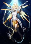  bingsang black_background blonde_hair blue_background blue_eyes bodysuit breasts broken broken_staff brown_legwear commentary energy faulds full_body gradient gradient_background gun handgun high_ponytail highres light_particles light_rays looking_at_viewer mechanical_halo mechanical_wings medium_breasts mercy_(overwatch) open_mouth outstretched_hand overwatch pantyhose pelvic_curtain reaching_out solo spread_wings staff submerged torn_clothes torn_legwear underwater weapon wings yellow_wings 