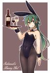  :3 alcohol animal_ears bangs bare_shoulders black_legwear blue_eyes brown_background bunny_ears bunny_girl bunnysuit closed_mouth commentary_request covered_navel cowboy_shot cup drinking_glass eyebrows_visible_through_hair fake_animal_ears flower green_hair hair_between_eyes hair_flower hair_ornament holding holding_tray kaginoni leotard long_hair looking_at_viewer original pantyhose purple_leotard selenoah simple_background smile standing tray wine wrist_cuffs 