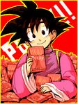  black_eyes black_hair candy chinese_clothes dragon_ball dragon_ball_z food happy long_sleeves looking_at_viewer maca_(kanekohouse) male_focus outline pocky purple_shirt red_background shirt simple_background smile solo son_goten spiked_hair too_many 