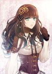  666 aqua_eyes ariake_aria brown_gloves brown_hair cardia_beckford code:realize cravat gear_hair_ornament gloves hairband hand_up long_hair looking_at_viewer number parted_lips solo upper_body 