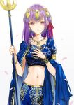  bangs bracelet breasts cape circlet closed_mouth commentary_request cowboy_shot dangmill fate/grand_order fate_(series) holding holding_staff indian_clothes jewelry looking_at_viewer matou_sakura medium_breasts navel necklace parvati_(fate/grand_order) petals purple_eyes purple_hair solo staff stomach 
