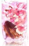  absurdres animal_ears black_legwear breasts casual cleavage collarbone commentary_request fate/extra fate/grand_order fate_(series) fox_ears fox_tail glass hair_in_mouth highres large_breasts long_hair looking_at_viewer mochigome_(fatelly) petals pink_hair solo tail tamamo_(fate)_(all) tamamo_no_mae_(fate) thighhighs traditional_media watercolor_(medium) yellow_eyes 