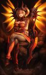  adapted_costume aestus_estus alternate_costume blonde_hair bodice bodysuit breast_hold breasts brown_background cleavage cosplay covered_nipples crossed_arms crossed_legs crossover dark_persona demon_horns demon_tail devil_mercy devil_mercy_(cosplay) downscaled_revision emblem facial_mark fate_(series) forehead_mark gloves glowing glowing_wings greaves high_ponytail highres horns looking_at_viewer md5_mismatch mechanical_wings medium_breasts mercy_(overwatch) nero_claudius_(fate) nero_claudius_(fate)_(all) open_mouth orange_wings overwatch patch pelvic_curtain ponytail potato_(sksnabi) red_gloves rock short_hair sitting solo spread_wings sword tail weapon wings yellow_eyes 