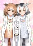  :&lt; blush brown_eyes brown_hair coat commentary_request eurasian_eagle_owl_(kemono_friends) eyebrows_visible_through_hair fur_collar hair_between_eyes hayashi_(l8poushou) head_wings holding_hands interlocked_fingers kemono_friends labcoat long_sleeves multicolored_hair multiple_girls northern_white-faced_owl_(kemono_friends) pantyhose short_hair white_hair yuri 
