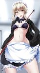  absurdres apron artoria_pendragon_(all) artoria_pendragon_(swimsuit_rider_alter) bikini black_bikini black_skirt blonde_hair blush breasts brown_eyes campbell_gichou commentary_request cowboy_shot fate/grand_order fate_(series) frilled_apron frilled_skirt frills from_below hand_on_hip highres holding hood hoodie indoors legs_apart maid_bikini maid_headdress mop navel open_clothes open_hoodie open_mouth sidelocks skirt small_breasts solo swimsuit thighs tsurime waist_apron 