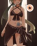  bare_shoulders blush commentary_request contrapposto cowboy_shot green_hair grin head_out_of_frame heart highres kaginoni long_hair midriff navel original selenoah smile solo speech_bubble spoken_heart standing swimsuit tattoo very_long_hair 