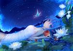  apple blue_eyes blue_hair blush breasts bug butterfly closed_mouth eyebrows_visible_through_hair food fruit hatsune_miku holding holding_food holding_fruit insect isy large_breasts lily_pad long_hair looking_at_viewer lying on_back sky smile solo star_(sky) starry_sky vocaloid water_surface 