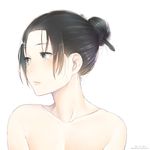  bare_shoulders black_hair blush brown_eyes collarbone dated drawrepulser embarrassed face hair_bun highres lips looking_to_the_side neck original parted_lips pink_lips stylus watermark web_address white_background 