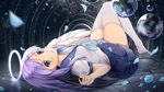  blue_eyes blue_skirt blush bubble halo jacknavy long_hair looking_at_viewer lying on_back original parted_lips puffy_short_sleeves puffy_sleeves purple_hair short_sleeves skirt sky solo star_(sky) starry_sky thighhighs white_legwear 