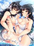  ass atago_(azur_lane) azur_lane bangs bare_arms bare_shoulders bikini black_hair blue_sky blush breasts cleavage closed_mouth cloud day garana hair_ribbon holding_hands interlocked_fingers large_breasts long_hair looking_at_viewer multiple_girls navel outdoors parted_lips ribbon see-through shiny shiny_hair sideboob sky smile sparkle sunlight swimsuit takao_(azur_lane) wading water white_bikini white_ribbon white_swimsuit yellow_eyes 