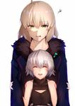  ^_^ ahoge bangs bare_arms bare_shoulders black_jacket breasts cleavage_cutout closed_eyes commentary_request eighth_note fate/grand_order fate_(series) fur_trim green_eyes height_difference jack_the_ripper_(fate/apocrypha) jacket jeanne_d'arc_(alter)_(fate) jeanne_d'arc_(fate)_(all) long_sleeves looking_at_viewer multiple_girls musical_note parted_lips saisarisu silver_hair small_breasts smile squiggle tattoo upper_body wicked_dragon_witch_ver._shinjuku_1999 