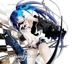  bikini black_rock_shooter black_rock_shooter_(character) blue_eyes blue_hair breasts chain checkered checkered_floor long_hair natsuno_suika nipple_slip nipples no_panties pale_skin perspective pussy pussy_peek scar shorts small_breasts solo swimsuit sword twintails wardrobe_malfunction weapon 