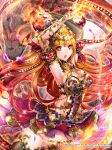  :o armlet armpits arms_up black_legwear black_pupils breasts brown_hair cleavage company_name copyright_name dragon dragon_tactics frills gem gold_trim highres horns long_hair looking_at_viewer medium_breasts official_art orange_eyes scales side_cutout skyscope sparkle standing thighhighs twisted_torso very_long_hair 