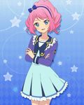  aikatsu_stars! blue_eyes blush pink_hair sakuraba_laura seifuku short_hair skirt smile 