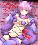  animal_ears blue_legwear blush breasts commentary_request dangerous_beast elbow_gloves fate/grand_order fate_(series) fur_trim gloves hair_over_one_eye halloween_costume lavender_hair looking_at_viewer lying mash_kyrielight medium_breasts navel on_back petals purple_eyes rei_kun revealing_clothes short_hair smile solo stomach tail thighhighs watermark web_address wolf_ears wolf_tail 