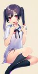  bangs beige_background black_legwear blue_hair cake dress eating eyebrows_visible_through_hair food fruit highres holding holding_food jar kneehighs long_hair looking_at_viewer messy original red_eyes sailor_collar sailor_dress shirako_sei short_dress sidelocks simple_background sitting solo strawberry tongue tongue_out tsurime yokozuwari 