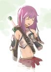  :d absurdres bangs belt belt_buckle black_belt buckle closed_eyes clothes_around_waist collarbone crop_top emoto_reishi eyebrows eyebrows_visible_through_hair fate/grand_order fate_(series) fergus_mac_roich_(young)_(fate/grand_order) flat_chest gauntlets genderswap genderswap_(mtf) green_background hand_on_own_chest highres long_hair multicolored multicolored_background navel open_mouth purple_hair sheath sheathed shirt sleeveless sleeveless_shirt smile solo stomach straight_hair sword teeth tongue turtleneck two-tone_background upper_body weapon white_background white_shirt 