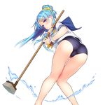  :o ass bare_legs blue_eyes blue_hair blush cleaning_brush giuniu hair_bun hair_ornament hairclip highres holding knees_together_feet_apart long_hair looking_at_viewer looking_back official_art short_sleeves solo swimsuit swimsuit_under_clothes transparent_background uchi_no_hime-sama_ga_ichiban_kawaii vivienne_(uchi_no_hime-sama_ga_ichiban_kawaii) water wet wrist_cuffs 
