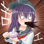  akatsuki_(kantai_collection) amezuku anchor_symbol bangs black_hat coffee commentary commentary_request cup eyebrows_visible_through_hair fingernails flat_cap hair_between_eyes hat holding holding_cup kantai_collection long_hair long_sleeves looking_away looking_to_the_side neckerchief o_o purple_hair red_neckwear school_uniform serafuku shirt sideways_hat solo spit_take spitting sweat teacup teardrop translation_request turn_pale white_shirt 