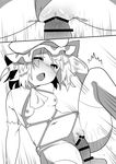  1girl ascot bangs bar_censor bare_shoulders blush breasts censored eyebrows_visible_through_hair flandre_scarlet greyscale hat hetero highres kz_oji mob_cap monochrome navel nipples nose_blush one_eye_closed open_mouth penis pussy sex side_ponytail slit_pupils small_breasts thighhighs touhou vaginal 