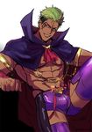  abs adonis_belt alternate_costume bulge cape cravat dark_skin dark_skinned_male earrings green_hair jewelry king_of_prism:_prism_rush!_live king_of_prism_by_prettyrhythm looking_to_the_side male_focus maut muscle pretty_rhythm purple_eyes purple_legwear simple_background sitting smirk solo tattoo thighhighs undercut white_background yamato_alexander 
