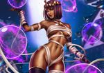 abs absurdres alternate_costume armpits aura bandages breasts breasts_apart cleavage crystal_ball dandon_fuga dark_skin energy_ball fingerless_gloves gloves highres looking_at_viewer medium_breasts menat navel purple_hair short_hair smile solo stomach street_fighter street_fighter_v thighhighs toned underboob 