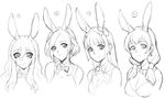  animal_ears bare_shoulders braid breasts bunny_ears bunnysuit character_request earrings eyebrows_visible_through_hair female jewelry long_hair looking_at_viewer lovina_(taimanin_asagi_battle_arena) medium_breasts monochrome multiple_girls short_hair simple_background sketch solo taimanin_(series) taimanin_asagi_battle_arena zol 