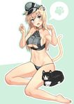  :d abs adapted_costume animal_ears bare_legs bare_shoulders barefoot bell bell_collar bikini bikini_bottom bismarck_(kantai_collection) blonde_hair blue_eyes blush breasts cat cat_ears cat_tail cleavage collar commentary_request fang full_body grey_bikini hat head_tilt highres jingle_bell jpeg_artifacts kantai_collection kemonomimi_mode large_breasts long_hair md5_mismatch navel open_mouth paw_print peaked_cap simple_background sitting smile solo soushou_nin speech_bubble swimsuit tail underboob underboob_cutout unsinkable_sam v-shaped_eyebrows yokozuwari 