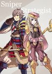  armor blonde_hair bow_(weapon) cape drill_hair english european_clothes fire_emblem fire_emblem_if foleo_(fire_emblem_if) gloves gzei holding holding_weapon japanese_clothes kisaragi_(fire_emblem_if) looking_at_viewer multiple_boys simple_background smile weapon white_hair 