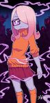  1girl boogy_(mnmnjuguna) closed_mouth cosplay crossover glasses hair_over_one_eye little_witch_academia long_hair looking_at_viewer one_eye_covered pink_eyes purple_hair scooby-doo skirt standing sucy_manbavaran sweater text thighhighs velma_dace_dinkley velma_dace_dinkley_(cosplay) 