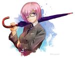  buttons fate/grand_order fate_(series) formal glasses hair_over_one_eye holding holding_umbrella ikuyoan kingsman:_the_secret_service mash_kyrielight necktie purple_eyes purple_hair purple_umbrella smile striped striped_neckwear suit twitter_username umbrella 