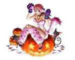  animal_ears bell bodskih braid breasts cat cleavage collarbone full_body gloves green_ribbon hair_ribbon halloween halloween_costume kneehighs large_breasts long_hair midriff one_piece paw_gloves paws pink_hair pink_legwear pink_shorts ponytail pumpkin purple_gloves rebecca_(one_piece) ribbon shiny shiny_skin short_shorts shorts single_braid sitting solo strapless tail transparent_background 