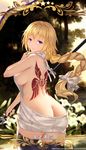  ass blonde_hair blue_eyes braid breasts butt_crack commentary fate/apocrypha fate/grand_order fate_(series) flower halterneck highres jeanne_d'arc_(fate) jeanne_d'arc_(fate)_(all) large_breasts lily_(flower) long_hair looking_back meme_attire sideboob single_braid solo tattoo virgin_killer_sweater yijian_ma 