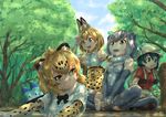  animal_ears backpack bag barefoot black_bow black_gloves black_hair black_legwear black_neckwear bow bowtie day elbow_gloves fingerless_gloves forest fur_collar gloves grey_hair grey_shorts hair_between_eyes hat hat_feather helmet jaguar_(kemono_friends) jaguar_ears jaguar_print kaban_(kemono_friends) kemono_friends lucky_beast_(kemono_friends) multicolored_hair multiple_girls nature okyao otter_ears otter_tail outdoors pantyhose partially_submerged pith_helmet print_gloves print_neckwear raft red_shirt river serval_(kemono_friends) shade shirt short_hair short_sleeves shorts small-clawed_otter_(kemono_friends) smile swimsuit tail thighhighs toeless_legwear 