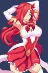  1girl alternate_costume alternate_hairstyle bare_shoulders blush breasts cleavage detached_sleeves dress green_eyes hair_ornament hair_over_one_eye large_breasts league_of_legends lipstick long_hair magical_girl orange_hair sarah_fortune short_dress solo star star_guardian_miss_fortune wink 