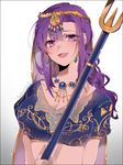  1girl commentary_request earrings fate/grand_order fate_(series) indian_clothes jewelry matou_sakura namahamu_(hmhm_81) necklace parvati_(fate/grand_order) polearm purple_eyes purple_hair spear weapon 