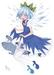  bare_arms blue_dress blue_eyes blue_footwear blue_hair bow cirno dated dress dress_lift eyebrows_visible_through_hair full_body green_bow hair_bow highres ice ice_wings lifted_by_self looking_at_viewer marimo_tarou mary_janes neck_ribbon open_mouth pantyhose puffy_short_sleeves puffy_sleeves red_ribbon ribbon shoes short_hair short_sleeves simple_background skirt_hold solo touhou white_background white_legwear wing_collar wings 