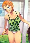  :q alsea arms_at_sides bare_arms bare_legs bare_shoulders blue_eyes breasts camisole cleavage clothes_removed collarbone commentary_request cowboy_shot day grass holding holding_clothes licking_lips looking_at_viewer nail_polish nami_(one_piece) no_pants one_piece orange_hair outdoors panties sandals short_hair shoulder_tattoo smile solo standing standing_on_one_leg tattoo thighs toenail_polish toes tongue tongue_out underwear v-shaped_eyebrows white_panties window 