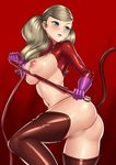  &gt;:) ass blonde_hair blue_eyes breasts breasts_outside brown_legwear censored closed_mouth commentary_request gloves large_breasts long_hair navel nipples nude persona persona_5 purple_gloves smile solo stomach takamaki_anne thighhighs twintails v-shaped_eyebrows vanquice whip 