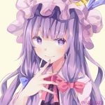  bangs blue_bow blue_ribbon blunt_bangs bow closed_mouth eyebrows_visible_through_hair hair_bow hat hat_ribbon long_hair mob_cap nail_polish patchouli_knowledge purple_eyes purple_hair purple_hat purple_nails red_bow ribbon shiromoru_(yozakura_rety) simple_background smile solo touhou twitter_username upper_body 