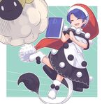  :3 :d antinomy_of_common_flowers bangs black_capelet blue_hair blush book capelet closed_eyes commentary doremy_sweet eyebrows_visible_through_hair facing_viewer full_body hat nightcap no_shoes o_o open_mouth outside_border pom_pom_(clothes) sheep smile socks tail tamahana tapir_tail touhou 
