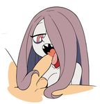  1boy 1girl breasts fellatio licking little_witch_academia long_hair nude open_mouth oral penis pink_eyes purple_hair sharp_teeth sucy_manbavaran testicles tongue 
