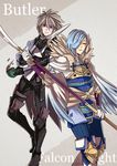  armor blue_hair butler cup dagger deere_(fire_emblem_if) english european_clothes fire_emblem fire_emblem_if fur fur_collar gzei hair_over_one_eye holding holding_weapon jacket japanese_clothes looking_at_viewer multiple_boys polearm shigure_(fire_emblem_if) smile spear tea teacup weapon white_hair 