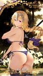  ass bangs bikini blonde_hair bow braid commentary cowboy_shot earrings fate/apocrypha fate_(series) from_behind glint hair_bow headpiece highres holding holding_weapon jeanne_d'arc_(fate) jeanne_d'arc_(fate)_(all) jewelry long_hair looking_back parted_lips pixiv_id polearm purple_bikini purple_bow purple_eyes purple_ribbon ribbon side-tie_bikini single_braid smile solo spear standing swimsuit tassel thong very_long_hair watermark weapon web_address yijian_ma 