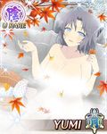  autumn_leaves blue_eyes blush border breasts bucket bug card_(medium) character_name cleavage collarbone convenient_censoring flower_(symbol) ginkgo grey_hair large_breasts leaf looking_at_viewer maple_leaf nude official_art onsen open_mouth partially_submerged polka_dot polka_dot_towel senran_kagura senran_kagura_new_wave short_hair sitting solo sparkle spider steam steam_censor towel water wooden_bucket yaegashi_nan yokozuwari yumi_(senran_kagura) 