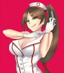  :q adjusting_clothes adjusting_gloves akali bare_shoulders breasts brown_hair cleavage commentary gloves green_eyes hat large_breasts league_of_legends long_hair looking_at_viewer low-tied_long_hair nurse_akali nurse_cap ponytail smile solo syringe tongue tongue_out upper_body v-shaped_eyebrows vanquice white_gloves 