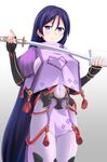  bangs bodysuit breasts covered_navel cross_(crossryou) fate/grand_order fate_(series) fingerless_gloves gloves huge_breasts long_hair looking_at_viewer minamoto_no_raikou_(fate/grand_order) purple_eyes purple_hair simple_background solo standing sword weapon white_background 